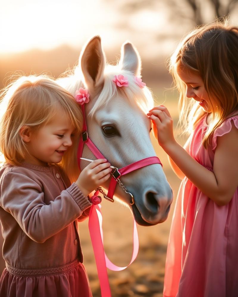 Kinderen verzorgen samen een pony